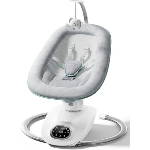 Momcozy CocoSway 3D-Motion Baby Swing for Infants to Toddlers, 6 Motion Modes & 4 Speeds, 180° Rotating Seat, Remote Control, Reclining Seat with 5-Point Harness, 8 Preset Lullabies, Grey