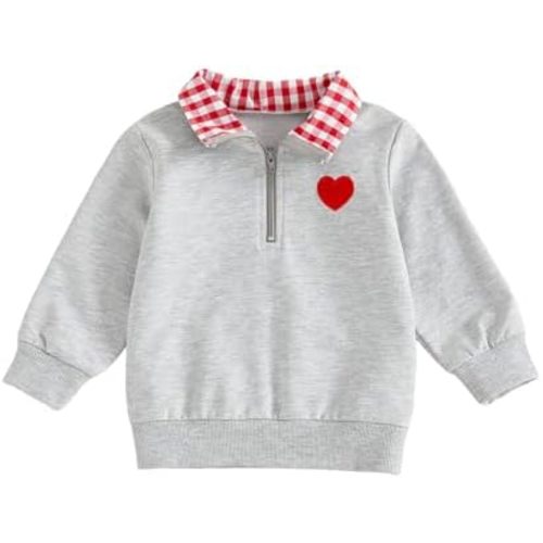 Toddler Boy Girl Valentines Day Outfit Heart Embroidery Sweatshirt Lapel Neck Pullover Shirt Top Kids Spring Clothes