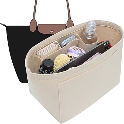 Doxo Felt Purse Organizer Insert,Handbag Organizer Compatible with Longchamp Le-pliage Large and More, Long Champ Bag Organizer Keeps Tote Handbags Shaped & Neat (Beige,Large)