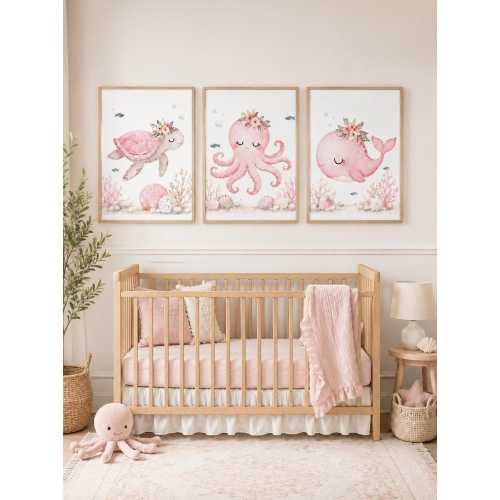 Pink Ocean Nursery Wall Art Set of 3, Sea Turtle Octopus Whale Prints