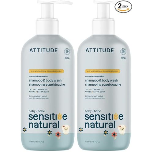 ATTITUDE 2-in-1 Shampoo and Body Wash for Baby,EWG Verified,Plant- and Mineral-Based Ingredients,Vegan-and Cruelty-Free Products for Sensitive Skin,Unscented,16 Fl Oz,(Pack of 2)