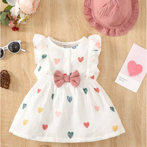SHEIN Vintaside Kids Baby Girl Heart Print Ruffle Trim Bow Front Dress With Hat | SHEIN USA