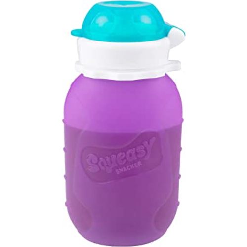 Purple 6 oz Squeasy Snacker Spill Proof Silicone Reusable Food Pouch - for Both Soft Foods and Liquids - Water, Apple Sauce, Yogurt, Smoothies, Baby Food - Dishwasher Safe