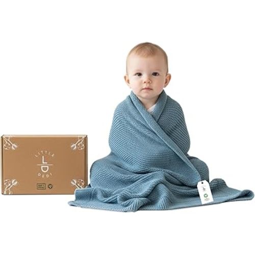 100% Organic Cotton Baby Knitted Blanket with Gift Box - Soft Toddler, Crib, Stroller Blanket - Neutral Swaddle and Receiving Blanket for Newborns, 30"x40", Smoke Blue