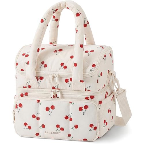 BAGSMART Lunch Bag Women, Double Deck Insulated Lunch Box, Quilted Puffer Lunch Tote, Leakproof, Durable & Reusable Large Lunch Cooler For Work Picnic Travel Meal Prep, Cherry