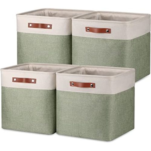 Temary Cube Storage Baskets for Shelves 4pack Fabric Storage Basket for Organizing Clothes, 13 Inch Storage Cubes with Leather Handles, Closet Baskets (White&Green)