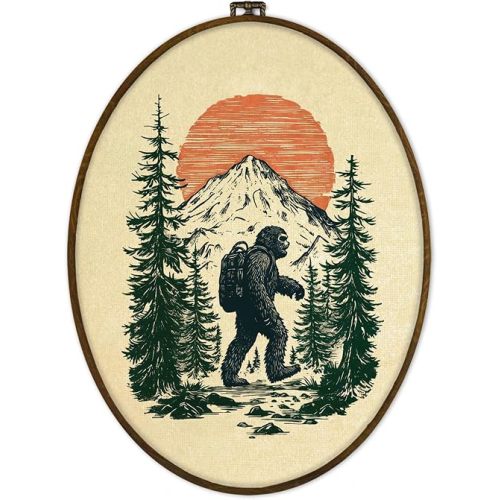 GWFSJYU Vintage Boho Bigfoot Camping Framed Oval Wall Art Decor, Rustic Bigfoot Hiking Canvas Prints Wall Art, Retro Sunset Forest Hanging Decor for Home Bedroom Living Room, 8.7x11.3 Inch