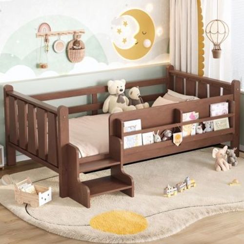 Twin Size Kid Platform Bed Frame Toddler Bed Floor Bed with Bookcases, Safety Guardrail & Cute Stairs, Natural - ModernLuxe