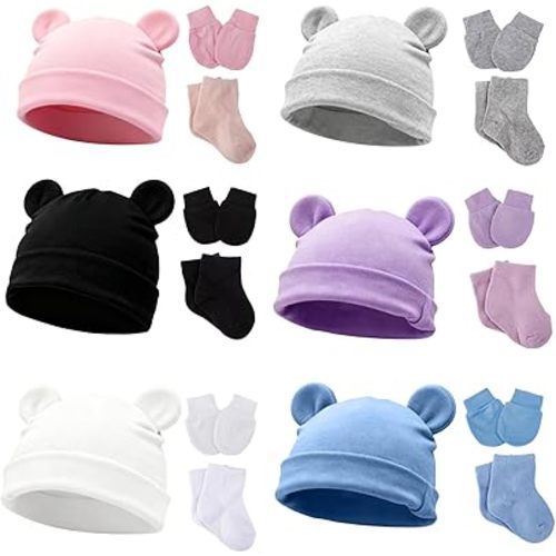 6 Packs Newborn Baby Hats Mittens and Socks Set Cotton Baby Socks Infant Hat No Scratch Baby Mittens Gloves for Girls Boys 0-6 Months Multicolor