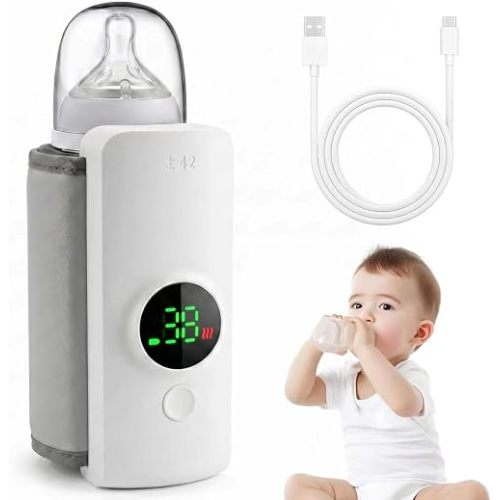 Portable Bottle Warmer for Travel, Fast Waterless Baby Milk Warmer for Breastmilk or Formula, Cordless Rechargeable Battery Powered with Temperature Control, Baby Essentials On The Go