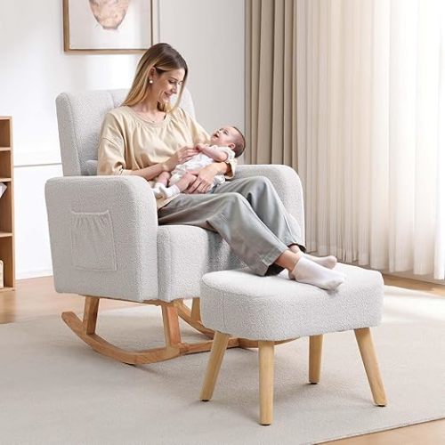 HCHAIRH Rocking Chair with Ottoman, Upholstered Glider Rocker with High Backrest and Side Pocket, Comfy Reading Chair with Solid Wood Legs for Nursery, Living Room,Bedroom White