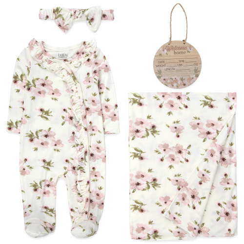 Baby Essentials 0 Months Newborn Girls Romper Footie Gift Set with Headband, Blanket & Wooden "Welcome Little One" Announcement Sign in Peach Floral