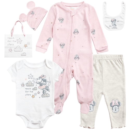 Disney Newborn Baby Layette Set - 6 Piece Disney Bodysuit Coveralls Sweatpants, Hat, Gift Bag (0-6M)