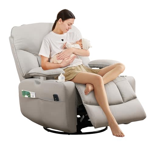 SUNWAVE Power Nursery Rocking Chair with Adjustable Armrests, Nursing Chair with USB, Cup Holders, Swivel Rocker Recliner with PU Leather Fabric