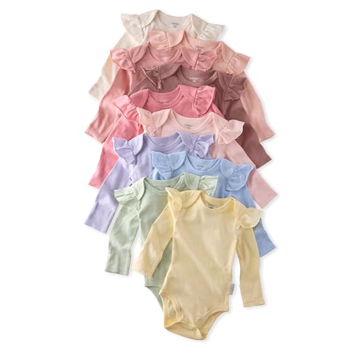 Butterblu Ashley 10-Pack Long Sleeve Ruffle Shoulder Bodysuits 100% Organic for Baby Girls