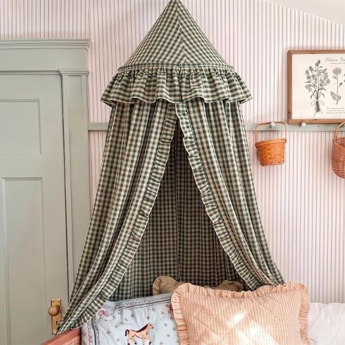 SmoothNovelty Gingham Plaid Bed Canopy, Green Yellow, Round
