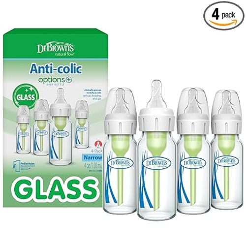 Dr. Brown's Anti-Colic Options+ Narrow Glass Baby Bottle with Level 1 Slow Flow Nipple, BPA-Free, 4 oz/120mL, 4-Pack