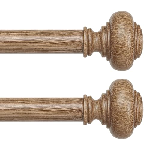 Wolistsa 2 Pack Wood Curtain Rods for Windows 30 to 56 Inch, Boho Vintage Decorative 1 Inch Diameter Wooden Curtain Rod, Adjustable Heavy Duty Rustic Farmhouse Drapery Pole with Wood Grain Finials