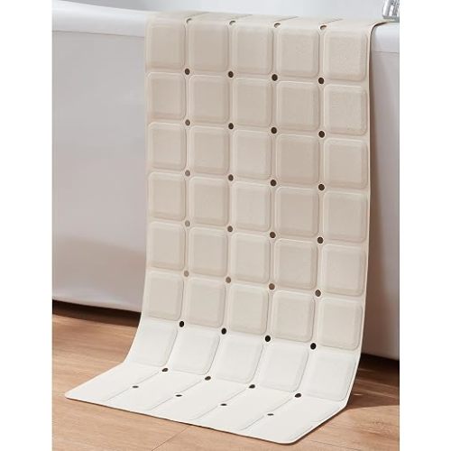 Webos Non-Slip Bath Mat for Tub & Shower：Silicone Foldable Bathtub Mat with Strong Suction Cups, Quick Drain Holes, Machine Washable Extra Large Bathroom Mats 35.8" x 17.7", Beige