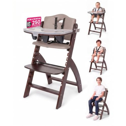Abiie Beyond Junior Convertible Wooden High Chair with Removable Tray | Adjustable Highchair for Babies & Toddlers, Grow With Me, 6 Mos - 250 lbs, Water Resistant, Mahogany Wood Soft Mocha Cushion