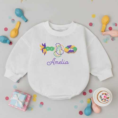 Personalized Mardi Gras Baby Romper – Custom Name Baby Outfit