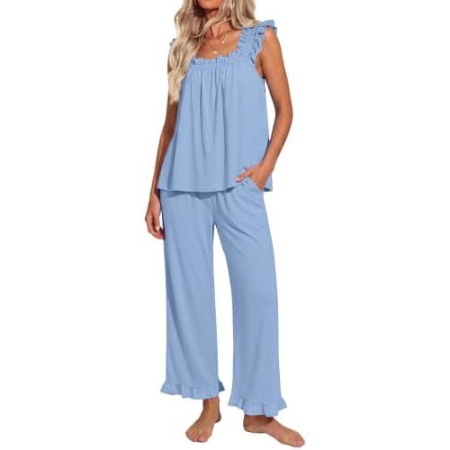 Ekouaer Pajamas for Women Set 2 Piece Ruffle Sleeveless Pj Bridal Sleepwear