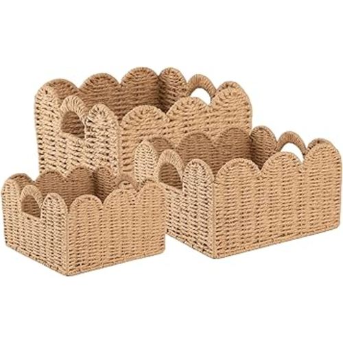 OIAHOMY Scalloped Wicker Baskets, Hand-woven Storage Baskets with Built-in Handles, Paper Rope Shelf Baskets for Organizing and Decoration, Set of 3-Yellow