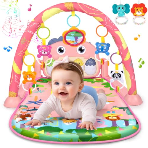 UMIKU Baby Play Mat Tummy Time Mat Gym Girl Activity Center, Pink Dinosaur | Play Mat For Babies Gifts Girl 0-6 6-12 Month, Music & Light Piano Play Gym Newborn Infant Gift, Baby Girl Newborn Essentials