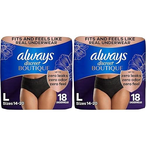Always Discreet Boutique Incontinence and Postpartum Underwear for Women, Maximum Protection, L, Black, 18 Count (Packaging May Vary) (Pack of 2)