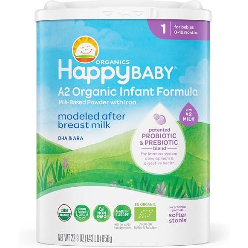 Happy Baby Organics Stage 1 A2 Infant Formula, 0 12 Months, Milk Based Organic Baby Formula Powder with A2 Milk, Probiotics & Prebiotics for Immune & Digestive Support, 22.9 Ounce (Pack of 1)