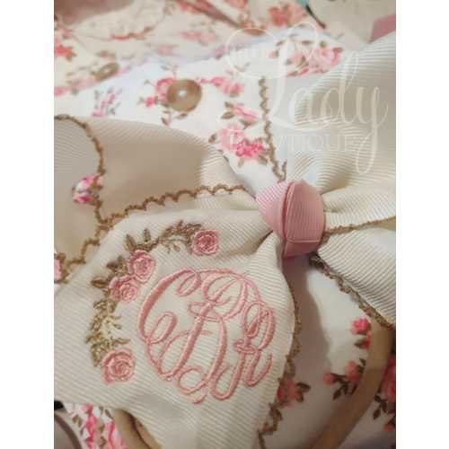 Monogrammed rose hair bow - Custom bow with initials - bow with embroidered roses - Personalized moonstitch hair bows - Spring bows for baby