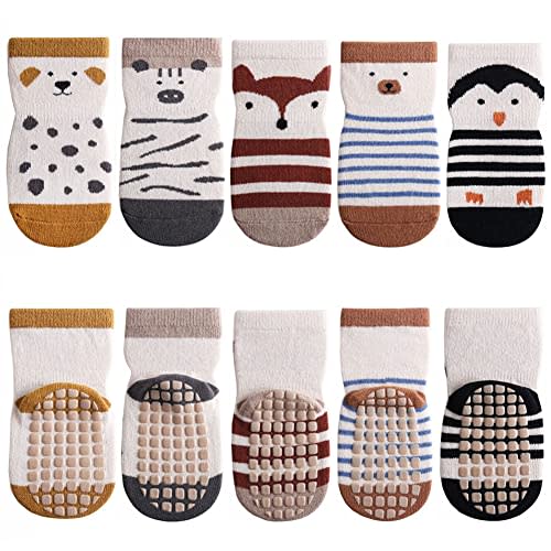 FedMois 5 Pairs Baby Little Kids Anti-slip Socks Cotton non skid Ankle Socks Animals