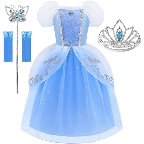 Princess Dress for Girls Puff Sleeves Princess Costume Blue Fancy Dress Up for Halloween Cosplay Party Carnival
