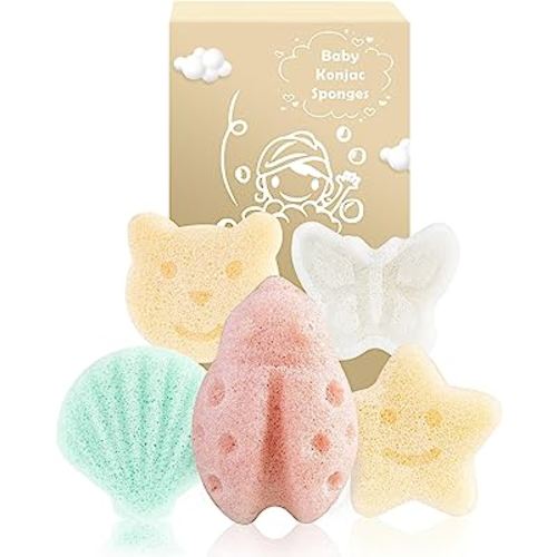MoHern Konjac Baby Sponge for Bathing, 5Pcs Natural Cute Shapes, Kids Bath sponges for Infants, Toddler Bath time, Plant-Based, Extra Soft