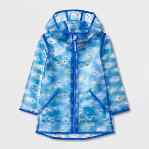 Baby Cloud Printed Clear Rain Coat - Cat & Jack™ Blue 18M: Lightweight Polyurethane, Wind-Resistant, Hooded, Front Zipper, 2 Pockets