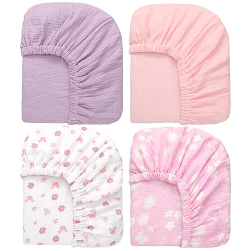 Mindsoft 4 Pack Muslin Baby Crib Sheets Soft Breathable, Purple Butterfly | 52" x 28" for Standard Crib Mattress, Pocket 9" Deep, Secure and Stable, Soft Cotton Fabric, Gentle for Baby Girl Boy