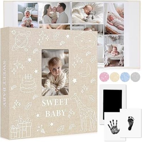 Baby Photo Album 4x6 600 Pockets with Memo Area & Hand and Footprint Kit, Linen Cover Slip-in Memory Book with Front Window, Acid-Free Keepsake for Newborn Boy Girl, First Year Moments