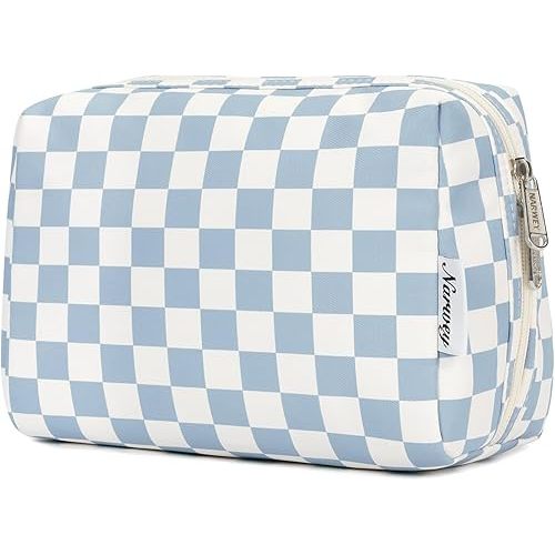 Narwey Checkered Makeup Bag Travel Cosmetic Bag Organizer Toiletry Bag Make Up Bags with Compartments for Women Girls((Large, Sky Blue Checkerboard)