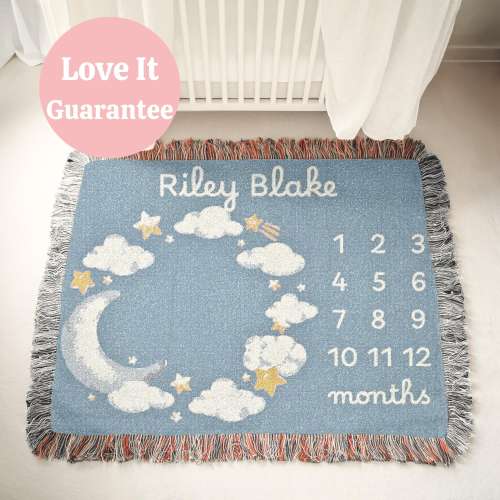 Stars And Moon Milestone Blanket, Custom Months Blanket, Personalized Boys Newborn Blanket, Customized Baby Name Gift, Baby Shower Gift