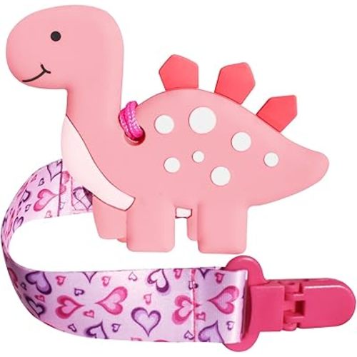 1 Soft Dinosaur Teether for Babies and 1 Baby Pacifier Clip, Valentines Day Gifts for Baby Girl Boy,Silicone Chew Toys(Pink Dinosaur)