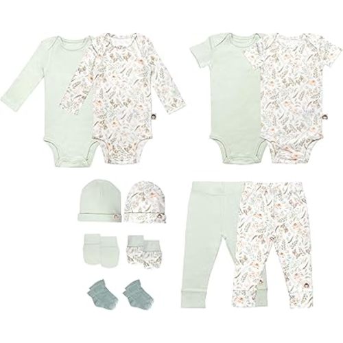100% Cotton Baby Sets for 0-3 Months - 12 Pcs Neutral Layette Set, 2 Long Sleeve, Short Sleeve Onesies, Hats, Mittens, Socks & Pants, Baby Gift Set - Designed in France, Green + Woodland Collection