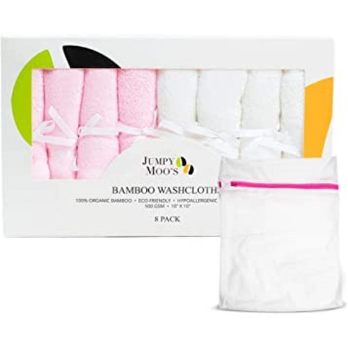 JM Baby Washcloths - 100% Bamboo 10x10 Inch, Ultra Thick & Absorbent, Gentle on Delicate Skin, Premium Baby Face Cloth, Debarbouillette Pour Bébé, Giftbox & Laundry Bag Included 8 Pack, Pink & White