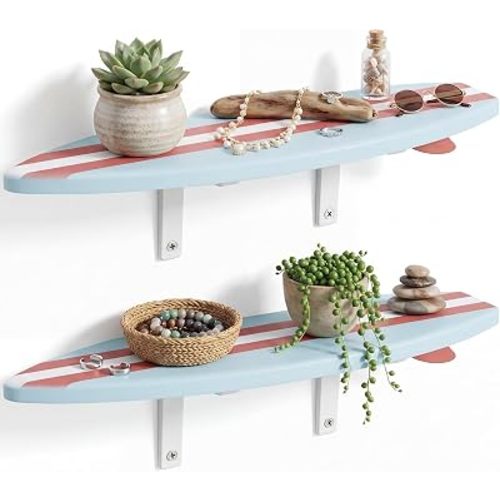 2 Pcs 15.7" Surfboard Wall Shelf Decor Beachy Wooden Surf Board Floating Display Shelves Summer Decorative Wood Wall Art for Bedroom Lake House Tropical Pool Nautical Ocean Party Decoration
