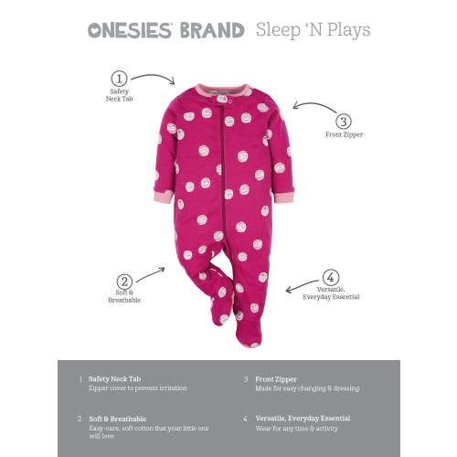 Onesies Brand Baby Girl Sleep 'n Play Footed Pajamas, 4-Pack, Sizes Newborn-6/9 Months