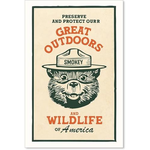 Cute Kids Bear Wall Art Nature Conservation Wildlife Animal Poster Retro Beige Cabin Canvas Prints for Outdoorsy Camping Wall Decor 16x24 inch Unframed
