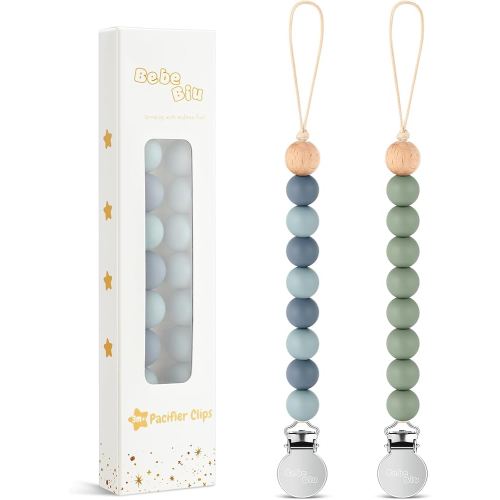 2 Pack Pacifier Clips, Silicone Pacifier Clip for Baby Boys and Girls, Baby Pacifier Strap with Silicone Beads, Soother Dummy Holder, Pacifier Holder, Keeps Pacifier Clean (Beau/Sage)