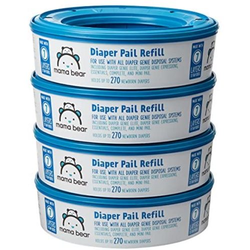 Amazon Brand - Mama Bear Diaper Pail Refills for Diaper Genie Pails, 1080 Count (4 Packs of 270 Count)