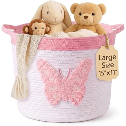 Sawysine Butterfly Storage Basket with Handles for Nursery Large 15"x11" Cotton Rope Bin with Soft Felt Butterfly Patch for Nursery Room Home Toys Cloths Laundry Organizer