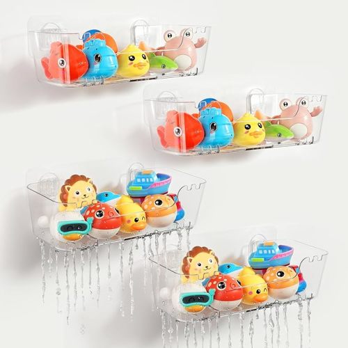 Bath Toy Storage Organizer 2 Pack, Transparent Bath Toy Holder with Drain Holes, Durable Plastic Bathtub Toy Storage for Bathroom, Quick-Dry Drainable Shower Caddy, Easy to Clean and Install