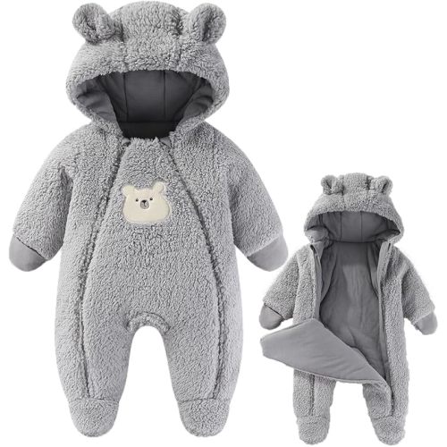 0-12M Fairy Baby Newborn Baby Winter Snowsuit Bear Thick Romper Footie Double Zip Hooded Jumpsuit Fleece Coat Infant Boy Girl